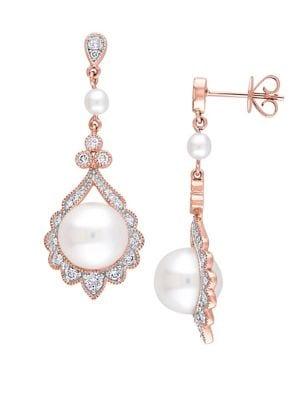 Sonatina 14k Rose Gold, White Cultured Freshwater Pearl & Diamond Drop Earrings