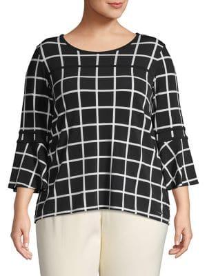 Calvin Klein Plus Checkered Bell Sleeve Top