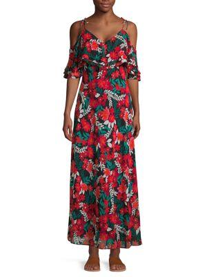 Calvin Klein Vine Floral Cold-shoulder Ruffle Maxi Dress