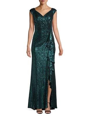 Tadashi Shoji Sequined Sunray Ruffle Gown