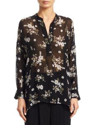 Vince Tossed Floral Shirred Silk Blouse