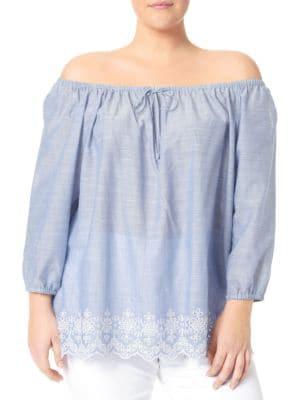 Nydj Plus Plus Embroidered Off-the-shoulder Top