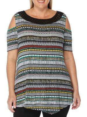 Rafaella Plus Woodblock Cold-shoulder Handkerchief Tunic