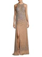 Glamour By Terani Couture Embellished Mesh Evening Gown