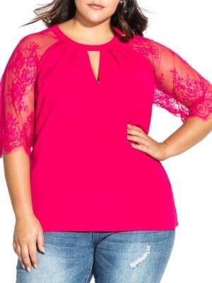 City Chic Plus Lace-sleeve Keyhole Top