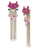 Betsey Johnson Granny Chic Crystal Cat And Chain Front Back Earrings