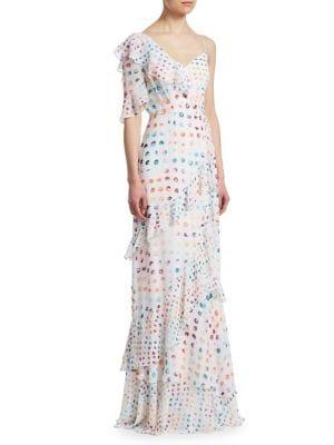 Ml Monique Lhuillier Asymmetric Polka-dot Maxi Dress