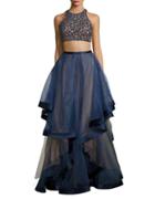 Glamour By Terani Couture Two-piece Beaded Top And Ruffled Gown
