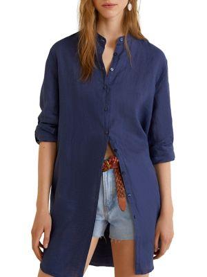 Mango Mandarin-collared Linen Shirt