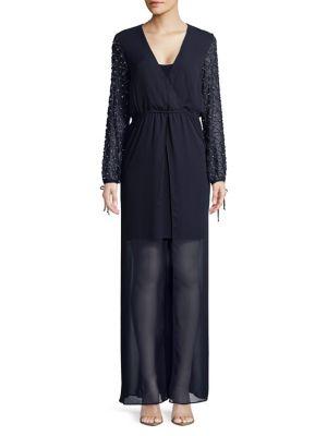 Betsy & Adam Sheer Sequin-sleeve Gown