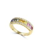 Effy Watercolors Multi-colored Sapphire And Diamond 14k Yellow Gold Ring, 0.13 Tcw