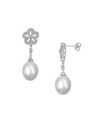 Sonatina Vintage Sterling Silver, 9.5-10mm White Rice Pearl & Diamond Drop Earrings