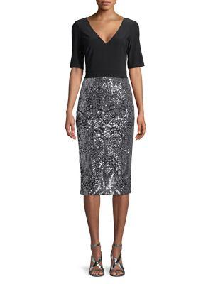 Betsy & Adam Mixed-media Sequin Sheath Dress