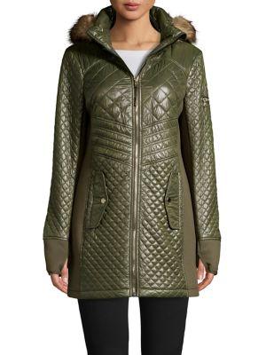 Michael Michael Kors Faux Fur Hood Glossy Diamond Quilt Coat
