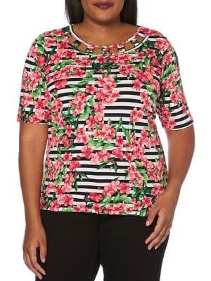 Rafaella Plus Plus Striped Blossoms Cutout Top