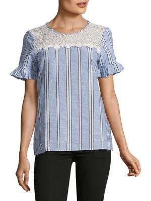 Karl Lagerfeld Paris Lace-yoke Bell-sleeve Stripe Top