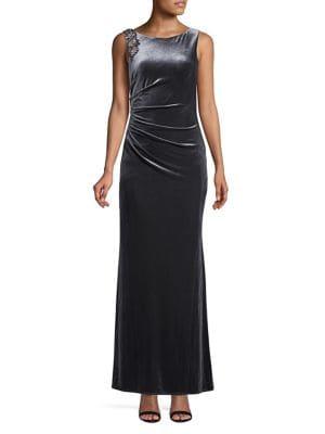 Vince Camuto Ruched Embellished Velvet Gown