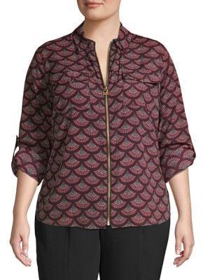 Michael Michael Kors Plus Printed Front-zip Blouse
