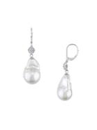 Sonatina 14k White Gold, 13-15mm White Baroque Pearl & Diamond Drop Earrings