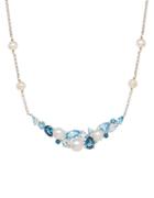 Lord & Taylor Sterling Silver Freshwater Pearl Blue Topaz Necklace With Diamonds