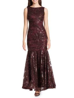 Vince Camuto Sequined Floral Lace Flare Gown