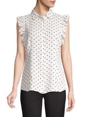 Anne Klein Ruffled Dotted Capsleeve Blouse