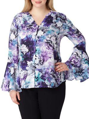 Tahari Arthur S. Levine Plus V-neck Bell Sleeve Blouse