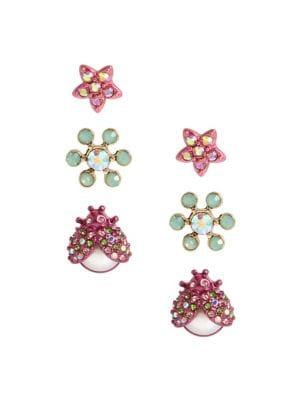 Betsey Johnson Three-pair Floral Stud Earrings Set