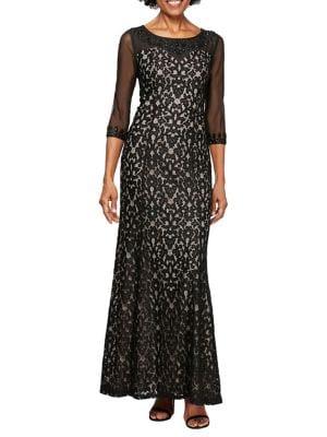 Alex Evenings Lace Beaded Illusion Evening Gown
