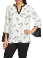 Chaus Floral Bell-sleeve Split-neck Blouse