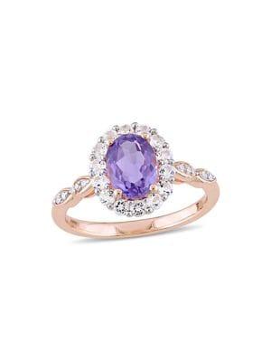 Sonatina 14k Rose Gold, Oval Amethyst, White Topaz & Diamond Accent Halo Vintage Ring