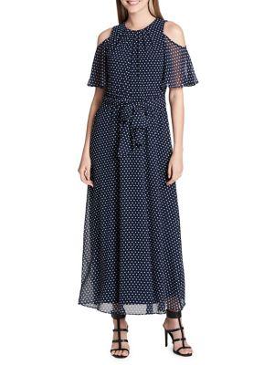 Calvin Klein Polka-dot Ruffled Cold-shoulder Maxi Dress