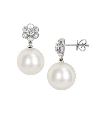 Sonatina 13-13.5mm Freshwater Cultured Pearl, Diamond And 14k White Gold Flower Earrings