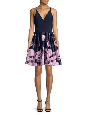 Xscape Floral V-neck Fit-&-flare Dress