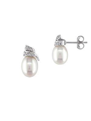 Sonatina 6.5-7mm Cultured Freshwater Pearl, Diamond And 14k White Gold Spiral Stud Earrings