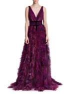 Marchesa Notte V-neck Printed Textured Tulle Gown