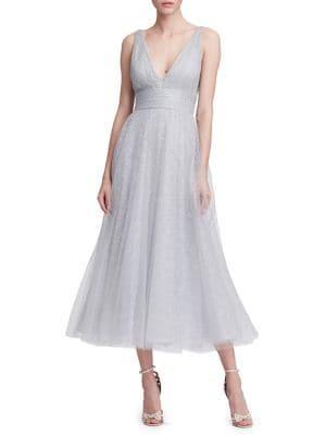 Marchesa Notte Glitter Tulle V-neck Empire Waist A-line Dress