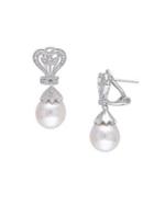 Sonatina Sterling Silver, Diamond & 10-10.5mm White Rice Pearl Heart Earrings