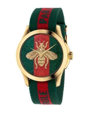 Gucci Le Marche Des Merveilles Bee Yellow Goldtone Pvd And Striped Nylon Strap Watch