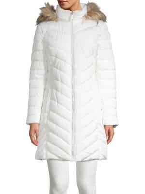 Kenneth Cole New York Chevron Quilted Faux Fur Trimmed Jacket