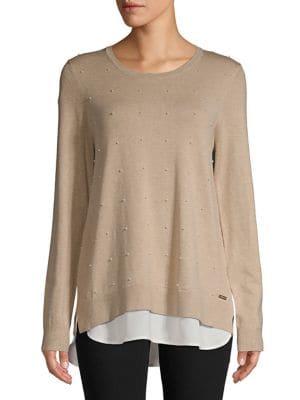Calvin Klein Faux Pearl Embellished Twofer Sweater