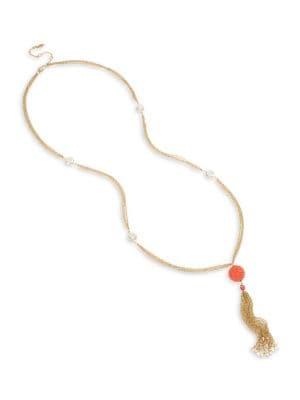 Miriam Haskell Goldtone & Crystal Beaded Ball Tassel Pendant Lariat Necklace