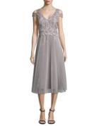 Kay Unger Cold-shoulder Metallic Lace And Tulle Dress