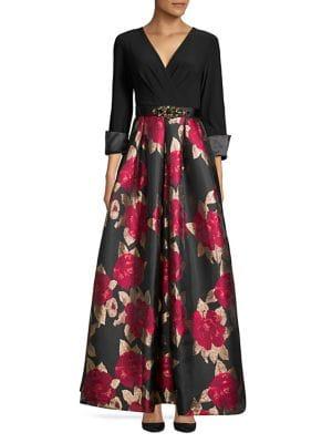 Eliza J Surplice Pleated Floral Gown
