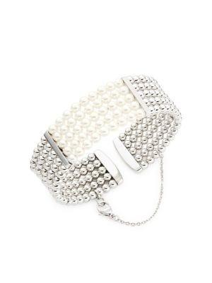 Majorica Atlas Silvertone And 4mm Organic Handmade Pearl Bangle