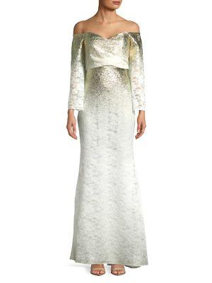 Badgley Mischka Platinum Metallic Off-the-shoulder Gown