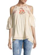 Free People Fast Times Cold-shoulder Embroidered Top