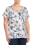 Lord & Taylor Plus Floral Printed Cotton Slub V-neck Roll Sleeve Tee