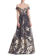 Marchesa Notte Metallic Fil Coupe Off-the-shoulder Gown