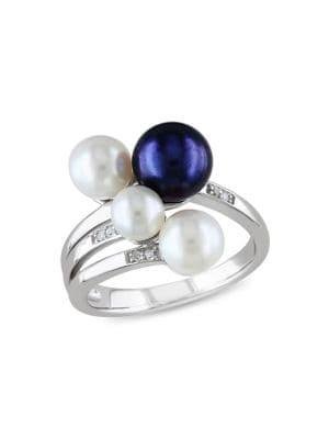 Sonatina Sterling Silver, 5.5-8mm Black & White Freshwater Pearl & Diamond Cluster Ring